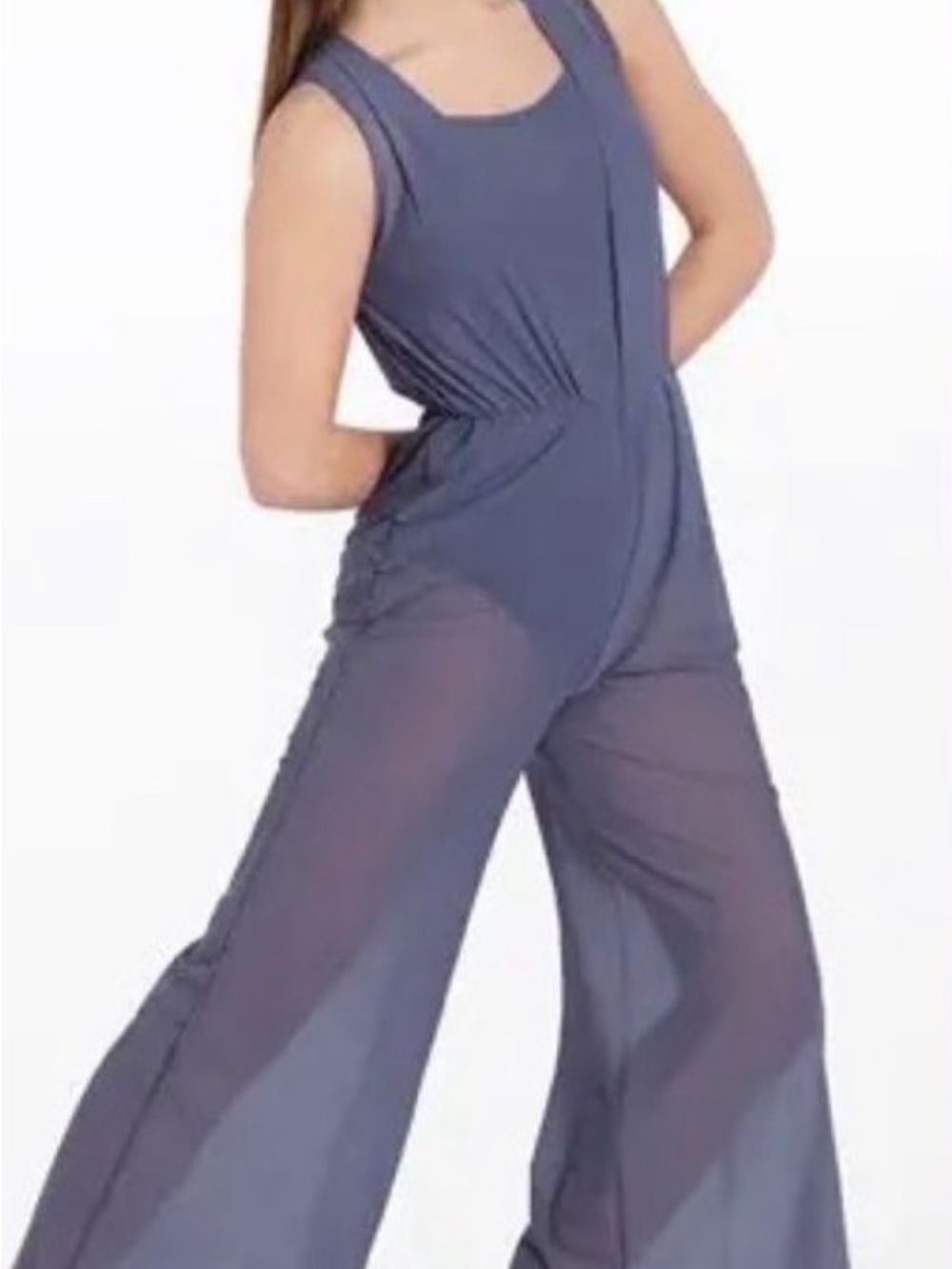Balera Wide-Leg Sleeveless Jumpsuit in Slate Gray-Blue. Mid calf pant length.